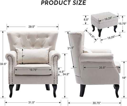 Accent Reading Arm Chairs with Ottoman for Living Room Bedroom, Midcentury Modern Comfy Corner Sofa Chair, Wingback Waiting Room Club Chair with Button Tufted Back &Lumbar Pillow, Linen Beige