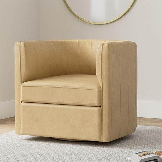 CHERS Rivet Mid-Century Modern Swivel Armchair, Channel-Tufted Faux Leather Accent Chair, 360-Degree Rotating Lounge Chair with Ergonomic Design for Living Room, Bedroom, Home Theater, Nude