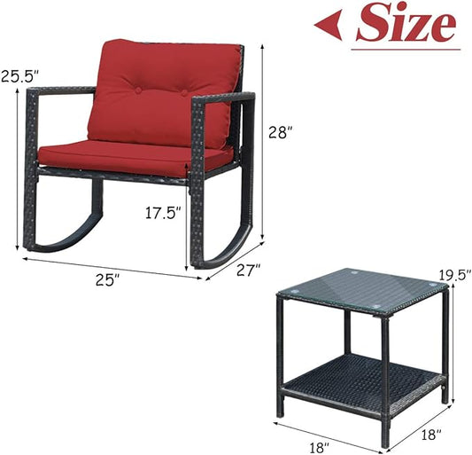 COSTWAY 3 Pieces Patio Rattan Rocking Chair Set, Outdoor Conversation Furniture Sets with Coffee Table, Storage Shelf and Cushions, Modern Bistro Set for Porch, Backyard, Garden, Red