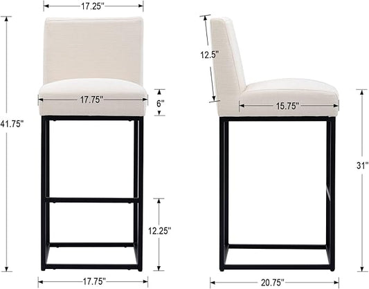 31" Counter Height Bar Stools Set of 3 with Back and Footrest for Kitchen Modern Metal Barstools, Linen Upholstered Bar Chairs Island Stools, Beige