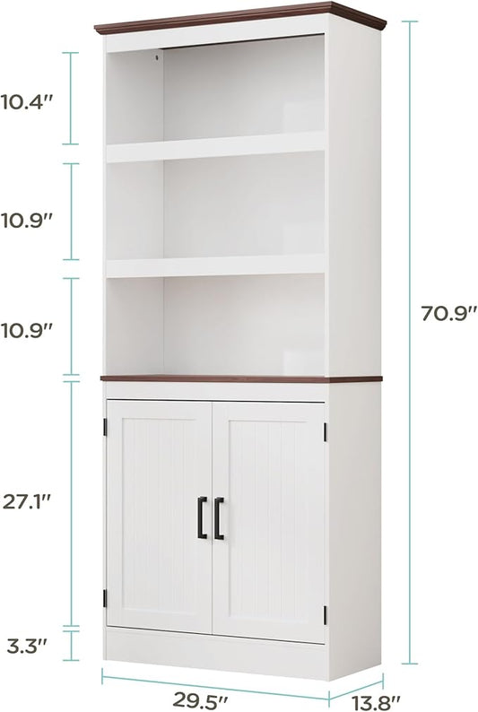 MHOM 71" Tall Bookshelf with Doors, 5 Tiers Farmhouse Bookcase with Adjustable Shelves, Wooden Rustic Display Cabinet for Home Office, Living Room, White