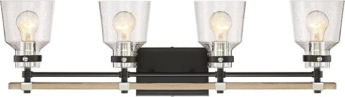 Possini Euro Design Broadway Modern Industrial Wall Light Black Painted Faux Wood Hardwired 32" 4-Light Fixture Clear Seedy Glass Shade for Bedroom Bedside Bathroom Vanity Living Room Hallway House