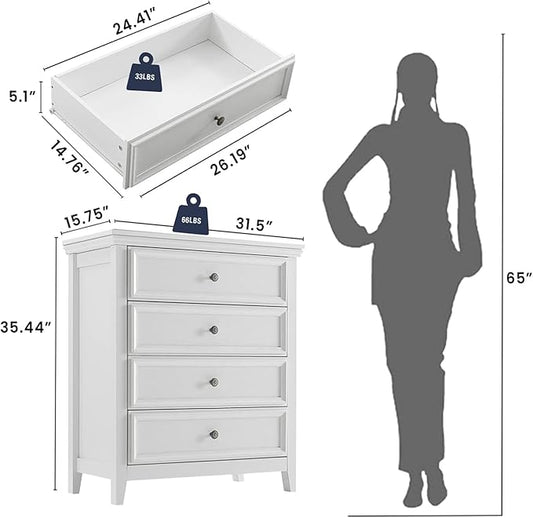 White Dresser for Bedroom,4 Chest of Drawers Dresser,Tall Nightstand Modern Clothes Organizer Cabinet for Bedroom,Closets,Hallway