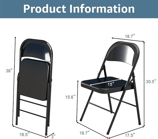 V&LX Folding Chairs All Steel Frame with Double Hinged for Wedding, Banquets, Celebrations, Dinning, Office Kitchen Patio and Garden, Set of 4, Black