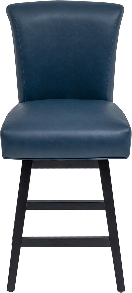 Bar Stool, PU Leather Barstool, 26 Inch Upholstered Counter Stools with 15.7" High Back and Footrest, Swivel Counter Height Barstools for Kitchen Island Home Bar Navy Blue