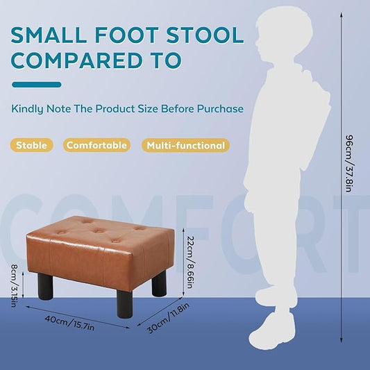 Small Foot Stool Ottoman, Faux Leather Footstool Ottoman Foot Rest for Couch, Rectangle Footstools and Ottomans Small for Living Room, Entryway and Bedroom (Bright Brown)