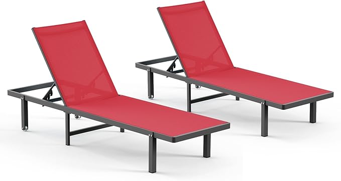 Pool Lounge Chairs Set of 2,Outdoor Lounge Chairs with Wheels and 5-Position Recliner -Easy to Move- Aluminum Patio Lounge Chair for Poolside, Deck (Red)