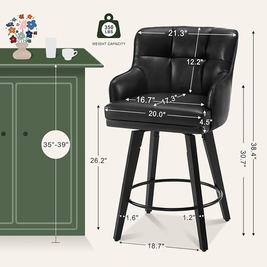360°Swivel Counter Height Bar Stools with Back, 26 inch Solid Wood Legs, Bar Stool Modern Kitchen Island Chairs, Faux Leather (Black- Faux Leather, 26" H- Set of 3)