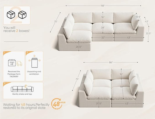 120" Cloud Sectional Couch | Oversize Boneless Couches for Living Room | 4 Seater L-Shape Sofa | Ivory White