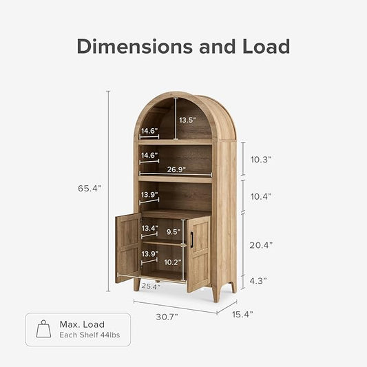 mopio Lauren 65.4" Short Arched Cabinet, 5-Tier Arched Bookcase with Doors and Shelves, Mini Arch Bookshelf with Storage, Wooden Storage Cabinet for Living Room and Kitchen Pantry (Oak)