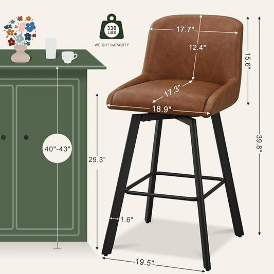 Swivel Bar Stools Set of 2, 30''H Upholstered Barstools with Backs, Modern Counter Height Bar Stool Chairs for Kitchen Island, Metal Legs, Faux Leather, Brown Counter Stools