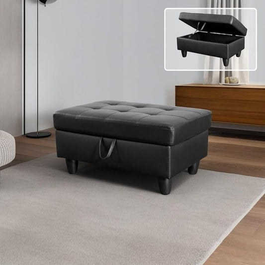 Ottoman Storage Ottoman Bench Faux Leather Footrest Footstool with Hinged Lid for Living Room, Bedroom, Entryway, Black, 35"X23"X17"
