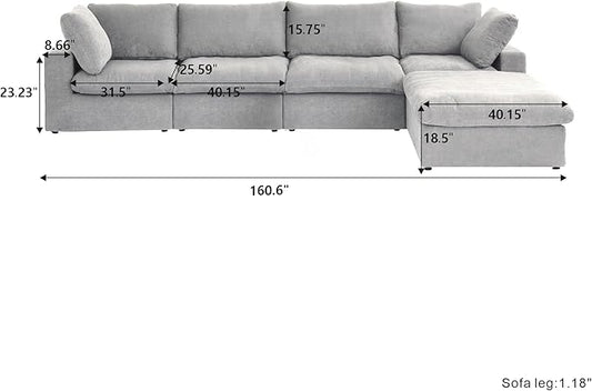 Cloud Couch Modular Sectional Sofa with Storage Ottoman,160.6" L Shaped Couch for Living Room,Down Filled 5 Seater Gray Convertible Sectional Sofas,Covers Washable&Replaceable