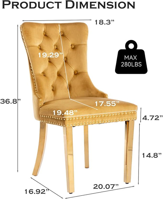 Velvet Upholstered Dining Chairs Set of 4, Modern Style Kitchen Side Chairs with Nailhead Trim and Gold Plated Leg, Metal Pulling Ring for Dining Room Living Room(Gold-Gold Plated Leg)