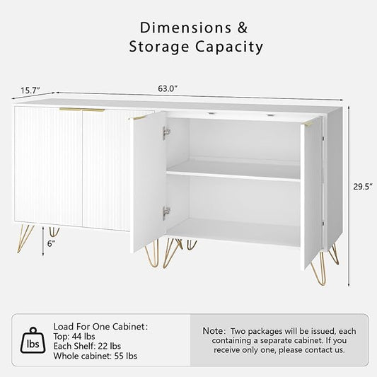 Fluted Storage Cabinet, Set of 2, Sideboard Buffet Cabinet, Modern Wood Accent Cabinet with Adjustable Shelves, Console Table for Living Room, Hallway, Entryway, White