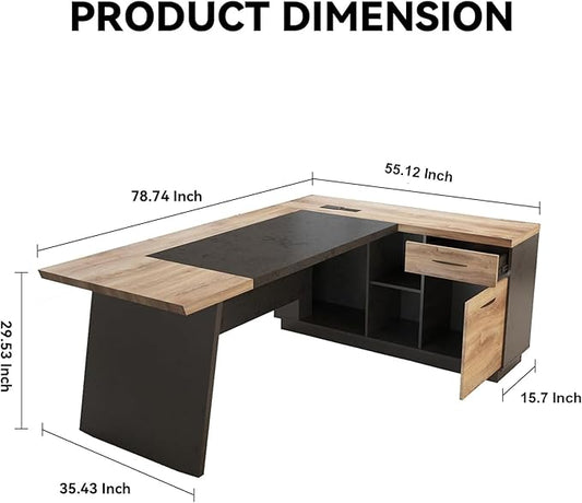 L Shape Executive Desk, Large Office Desk with Drawers & Shelves, 78.74 Inches Industrial Wooden Desk with Storage, Modern Computer Desk for Home Office, Black and Brown, Left Side