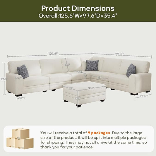 Wanderwell Oversized Modular Sectional Sofa, 7-Seater U Shaped Couches with Movable Ottoman,Corduroy Sectional Couch with Wide and Deep Seats Suitable for Living Room,Bedroom,Apartment (Cream, L-7)