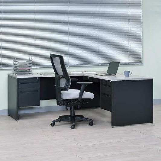 NBF Carbon L-Shaped Reversible Executive Office Work Desk - Durable Laminate Computer Desk with 4 Drawers Pedestal - Modern Desk with Storage and File Cabinet - (66" W x 78" D, Black, Gray, Maple)