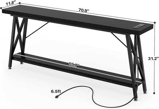 Homieasy 70.9 Inch Extra Long Console Table, Industrial Sofa Table Behind Couch with Charging Station & Storage Shelf, Entryway Table for Living Room & Entryway, Black