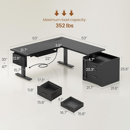 SEDETA L Shaped Electric Standing Desk with File Cabinet, 63 x 53'' Height Adjustable Home Office Computer Desk with Drawers, Power Outlet, Stand up Gaming Table with Led Lights, Keyboard Tray, Black