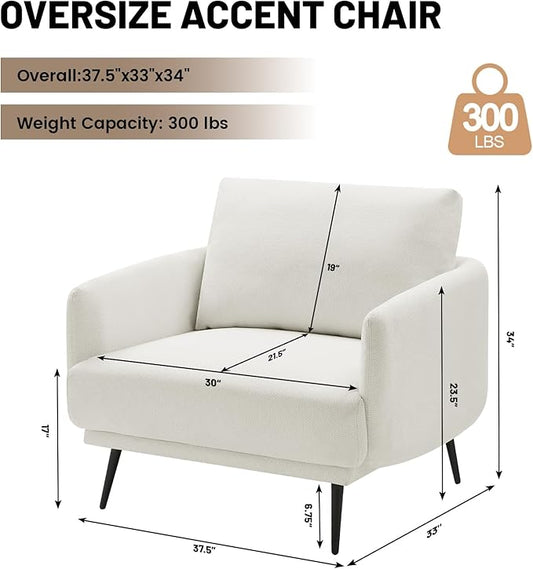 Oversized Accent Chair for Living Room Chairs Reading Arm Chair Comfy Modern Single Sofa Side Chairs with Metal Legs & Soft Cushion for Bedroom, Waiting Room (Polyster Pearl White, Set of 1)
