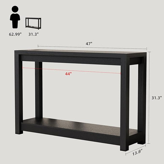 47" Entryway Table, Long Narrow Console Table with Shelves, Farmhouse Wood Sofa Table Behind Couch, Rustic Entry Table for Hallway, Living Room or Foyer, Black