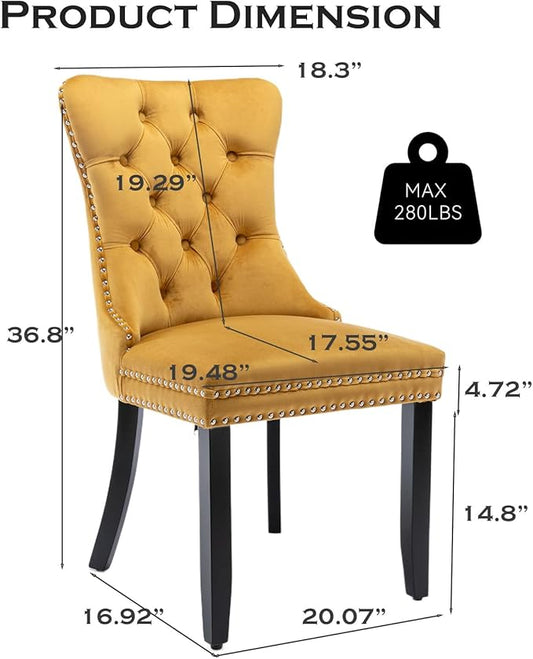 Velvet Upholstered Dining Chairs Set of 2, Modern Style Kitchen Side Chairs with Nailhead Trim and Wood Legs,Metal Pulling Ring for Dining Room Living Room(Gold)
