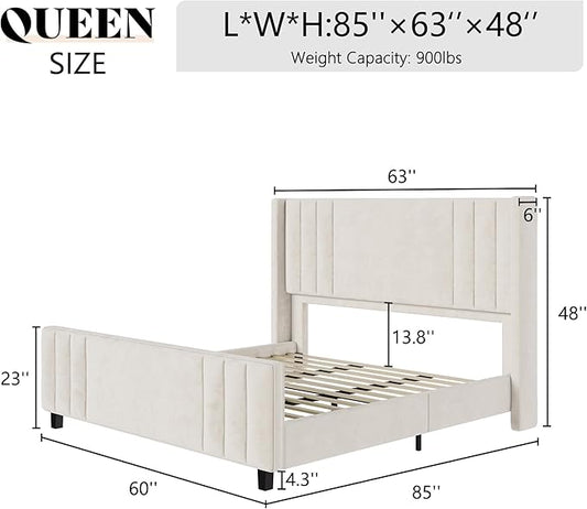 AMERLIFE Queen Size Bed Frame, Velvet Upholstered Platform Bed with Vertical Channel Tufted Headboard & Footboard/Wingback, Mattress Foundation with Wood Slats, No Box Spring Needed, Cream