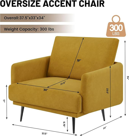 Oversized Accent Chair for Living Room Chairs Reading Arm Chair Comfy Modern Single Sofa Side Chairs with Metal Legs & Soft Cushion for Bedroom, Waiting Room (Velvet Yellow, Set of 1)
