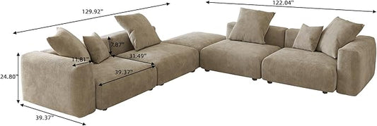 Oversized Modular Sectional Sofa with Ottomans,5 Seater Corduroy V Shaped Reversible Corner Couch,141.73" Convertible Sofa & Couch Free Combination for Living Rooom,Beige