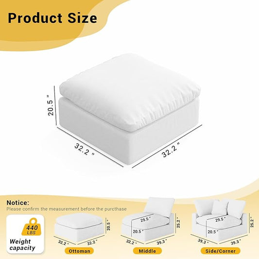 Ottoman,Down Filled Comfort Footrest,Modular Sectional Cloud Sofa for Living Room,Removable Washable Cushion Covers Couch for Apartment,White