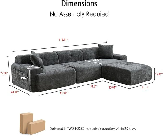 LIDYUK 118" Modern L-Shaped Boneless Couch Modular Sectional Sofa for Living Room, Chenille Upholstery Grey, Oversized 3-Seater Sectional Couch with Deep Seat and Movable Ottoman, No Assembly