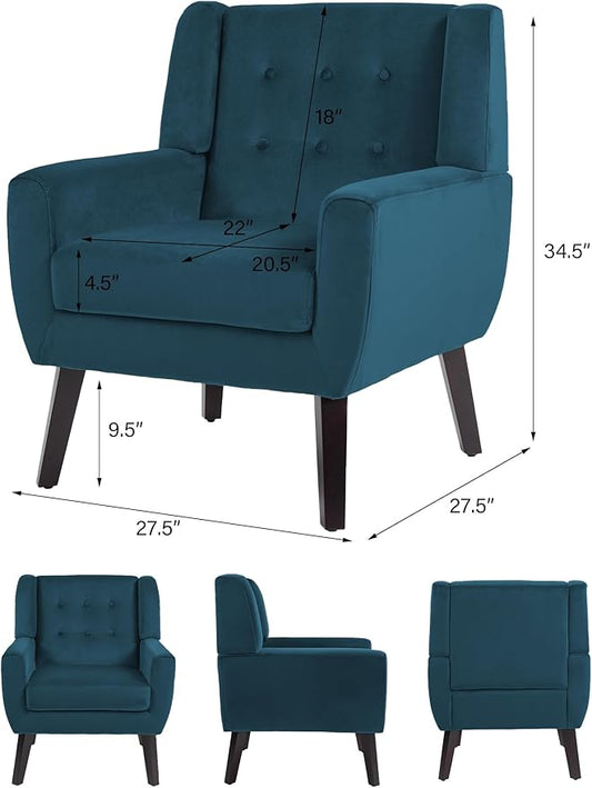 Accent Chair, Mid-Century Modern Velvet Fabric Chairs with Arms for Living Room, Comfy Upholstered Club Single Sofa Armchair for Bedroom Waiting Room with Solid Wood Frame (Velvet Blue, Set of 2)