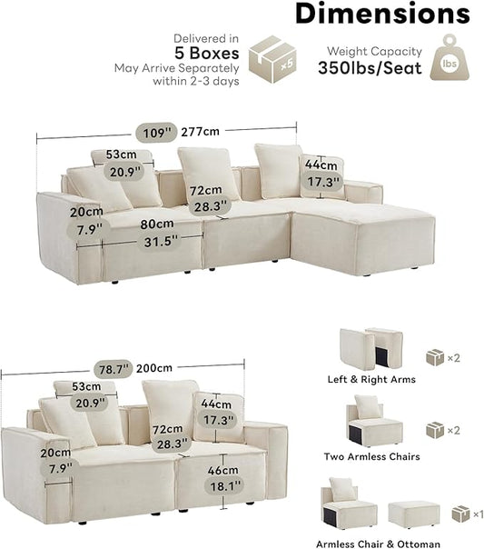 WILLOVE Modular Sectional Sofa Set, Chenille Cloud Couch with Wide Armrests & 8 Pillows, Deep Seat Couches for Living Room, 6-Seater Beige
