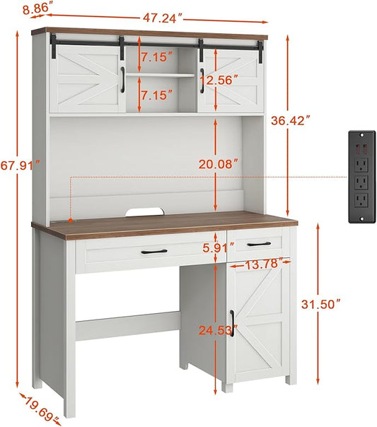 Vabches Farmhouse 47" Executive Desk, Computer Desk with 2 Drawers, Storage Cabinet and LED Light,Charging Hub, Home Office Desk with Hutch, Workstation for Home Office and Study.(Unique White)