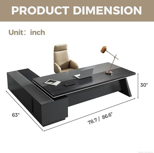 Modern L Shape Executive Desk with Storage Drawers – Large Black Corner Executive Desk for Home Workspace, Spacious Computer Table with Cabinets (Black/Right, 79" L * 63" W * 30" H)