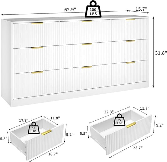 White Dresser for Bedroom with 9 Drawers, 63” Wide White Fluted Dresser Modern Chest of Drawers with Gold Handles, Wooden TV Stand Storage Organizer for Bedroom, Living Room