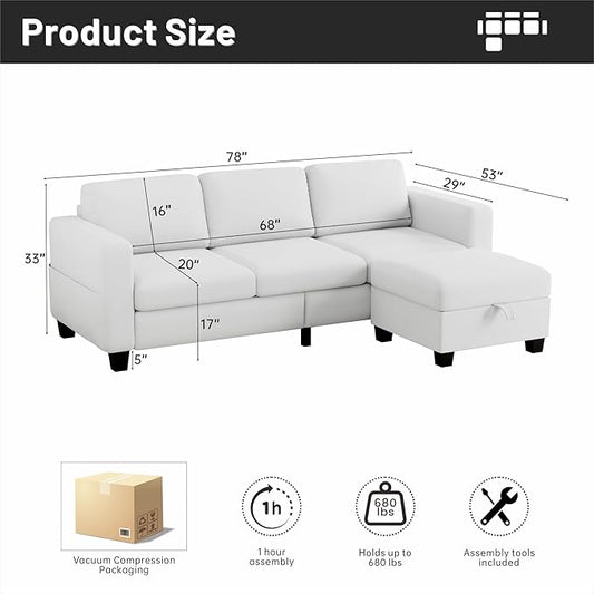 Youmumeub 79''Sectional Couch Couches for Living Room - L-Shaped 4-Seater Deep Sectional Sofa,Removable Covers,Suitable for The Living Room, Apartment or Office-White