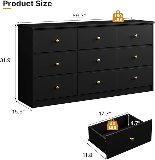 9 Drawer Dresser for Bedroom, 59" Wide Black Chest of Drawers, Wooden Dresser with 9 Drawers with Ample Storage, Modern Storage Organizer for Hallway,Nursery