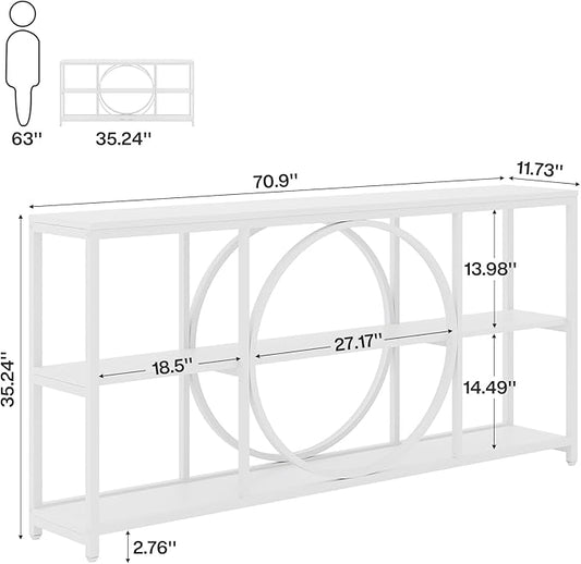 Tribesigns 70.9 inch Sofa Console Table, Modern Extra Long Entryway Tables with 3 Tier Storage Shelves Metal Frame for Foyer Hallway Living Room Behind Couch, Pure White