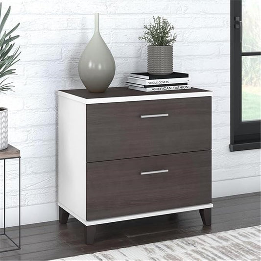 Pemberly Row Wood 2 Drawer Lateral File Cabinet in White and Storm Gray