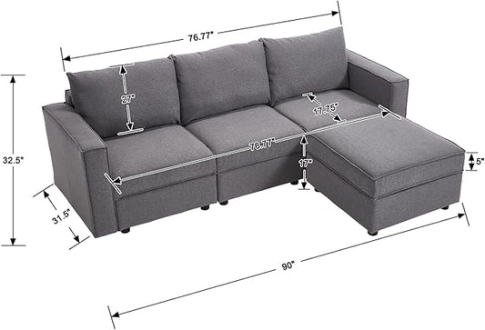 90 Inches Cloud Modular Sectional Sofa, L Shaped Linen Couch with Reversible Chaise, 3 Seater Convertible Comfortable Sofa Couch for Living Room/Apartment, Grey