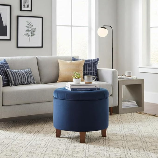 Homepop Home Decor | Upholstered Round Velvet Tufted Foot Rest Ottoman | Ottoman with Storage for Living Room & Bedroom | Decorative Home Furniture, Navy
