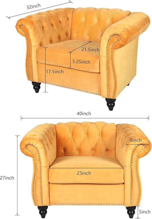 Living Room Chair, Modern Velvet Chesterfield Sofa Chair, Mid Century Single Sofa Couch Chair with Tufted Back and Rolled Arms, Accent Sofa Chair for Living Room Apartment, Yellow