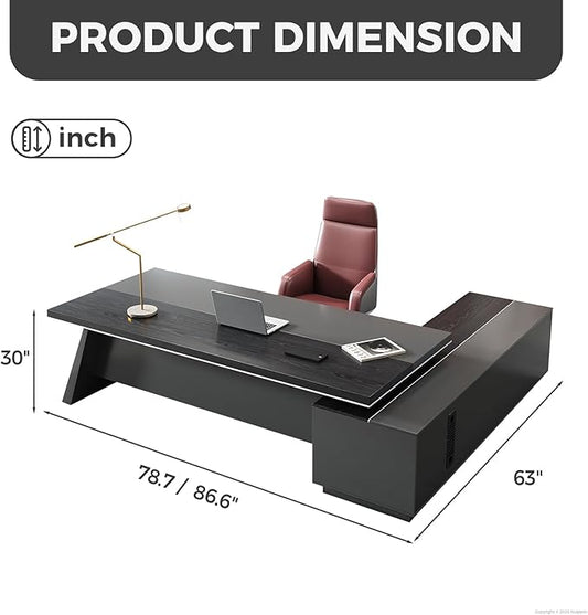 L Shape Executive Desk with Drawers – Modern Large Office Desk for Home Office, Spacious Computer Workstation with Storage Cabinets, Black Finish (Black/Left, 87" L * 63" W * 30" H)