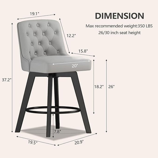 MINCETA Bar Stools Set of 2, PU Leather Barstools, 26 Inch Upholstered Counter Stools with Low Tufted Back and Footrest, Swivel Counter Height Barstools for Kitchen Island Home Bar Light Gray