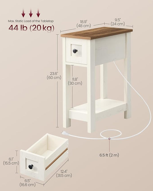 VASAGLE Narrow Side Table with Charging Station, Farmhouse End Table with Storage Drawer, Nightstand, Superfast Toolless Assembly, for Living Room, Bedroom, Honey Brown and Rustic White ULET328W01