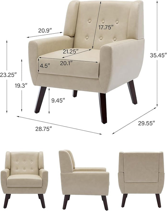 Accent Chair, Mid-Century Modern PU Leather Chairs with Arms for Living Room, Comfy Upholstered Club Single Sofa Armchair