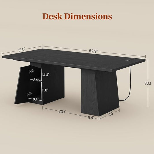 63 in Executive Desk with Power Outlets, Modern Home Office Desk with Storage Cabinet, Wood Computer Desk Business Workstation Desk Conference Table (Black)