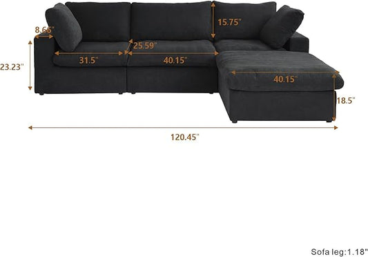 Cloud Couch Modular Sectional Sofa with Storage Ottoman,L Shaped Couch for Living Room,120.45inch Down Filled 4 Seater Black Convertible Sectional Sofas,Covers Washable&Replaceable